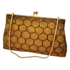 RARE Vintage Womens Clutch Beaded Honeycomb Gold Brown Formal